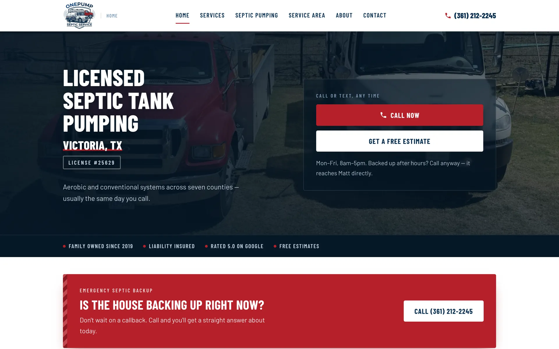 The OnePump Septic Service website: a red pumping truck behind the headline Licensed Septic Tank Pumping, Victoria, TX, with a call button and a free estimate button.