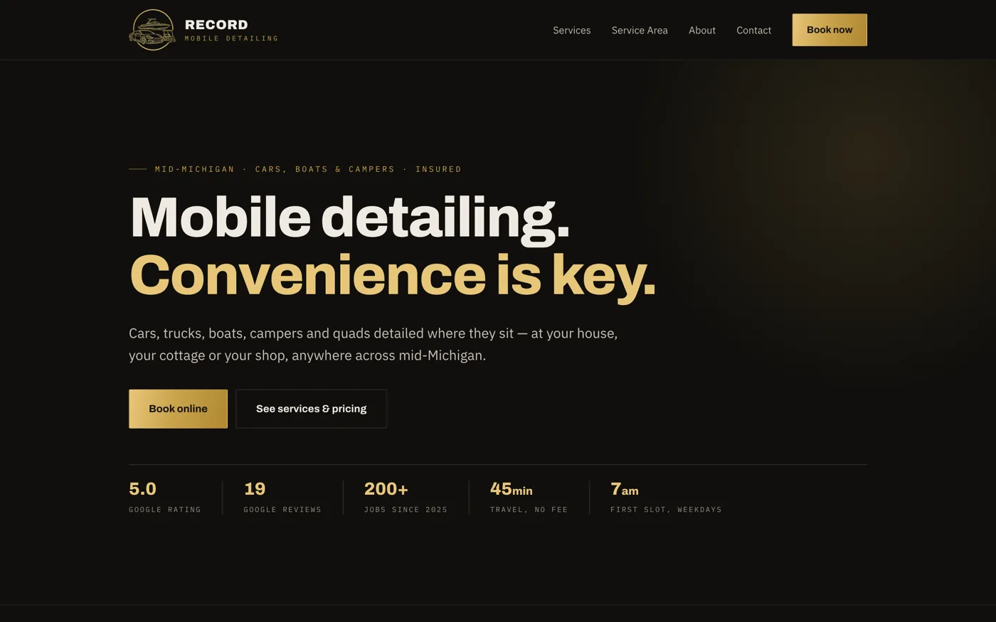 Record Mobile Detailing homepage: gold and charcoal design with the headline Mobile detailing. Convenience is key, above a row of statistics.