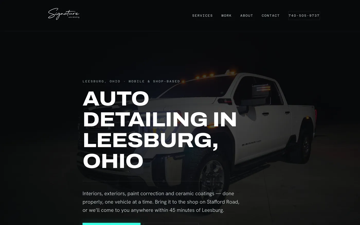 Signature Auto Detailing homepage: a white pickup truck lit against a black background under the headline Auto Detailing in Leesburg, Ohio.
